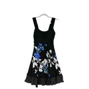 Maurices Sundress Dress Womens Small Black Blue Belted Polka Dot Ruffle Hem